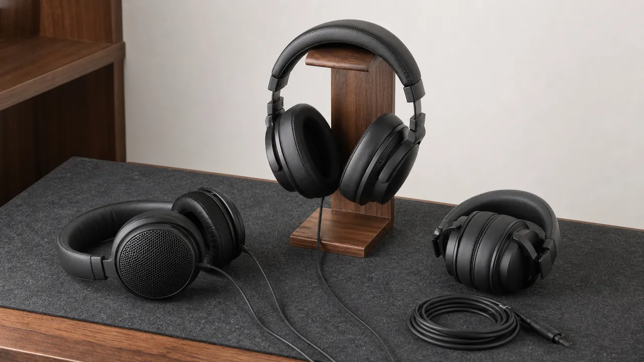 Three generic wired over-ear headphone designs arranged on a studio tabletop