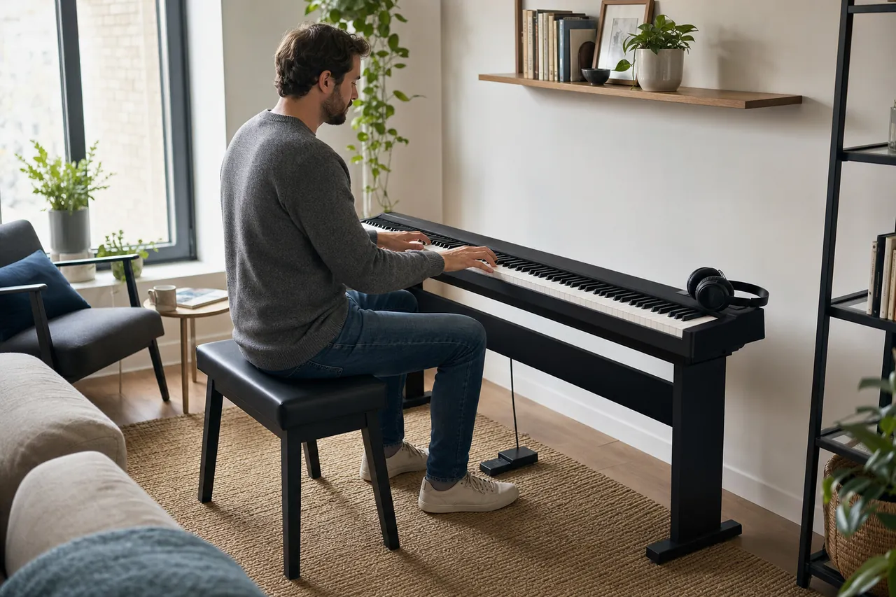 Adult playing a generic weighted-key digital piano in a bright home practice corner