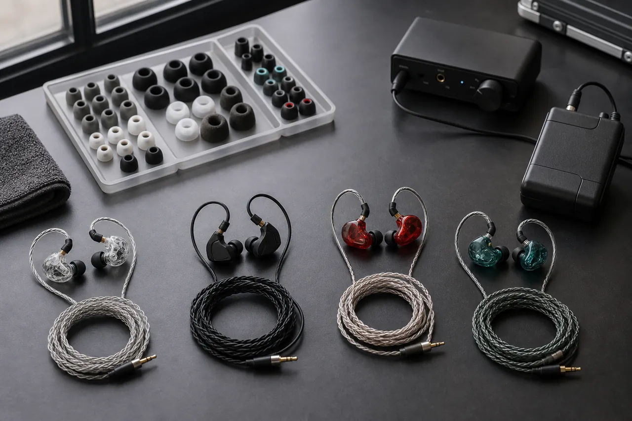 Four generic wired in-ear monitor pairs with cables and assorted ear tips on a rehearsal table