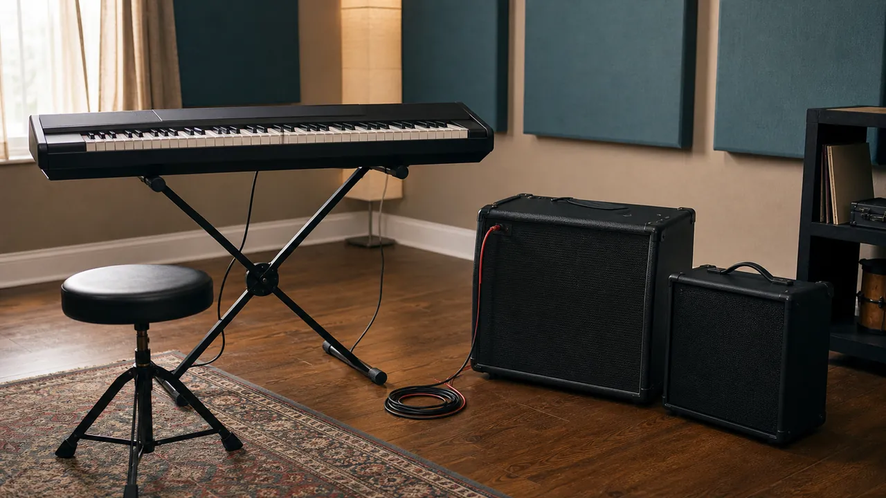 Generic electronic keyboard connected to two unbranded amplifier cabinets in a rehearsal room