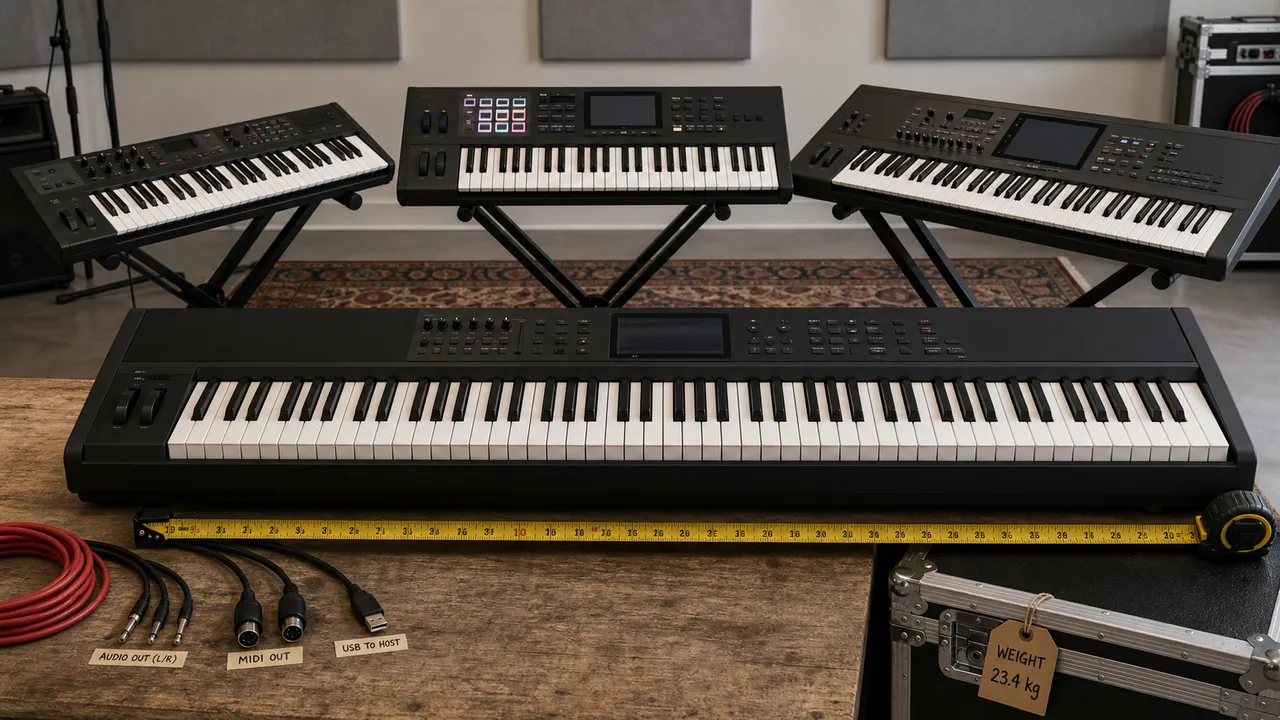Generic unbranded keyboard workstations beside a measuring tape, labeled cables and a road case