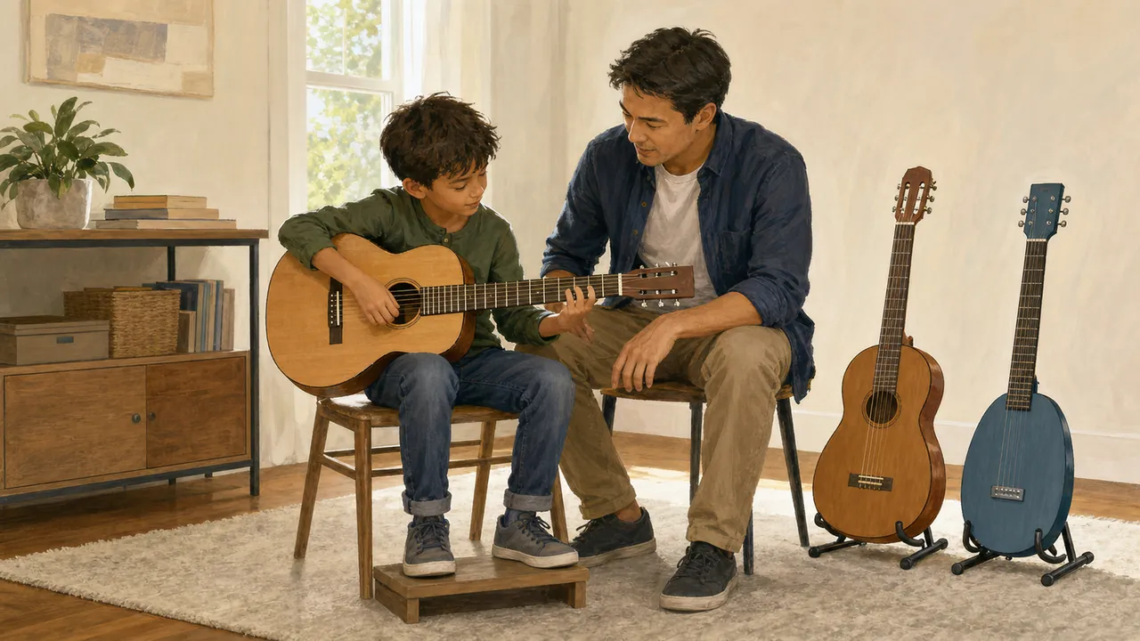 Parent and child comparing several unbranded small guitars at home