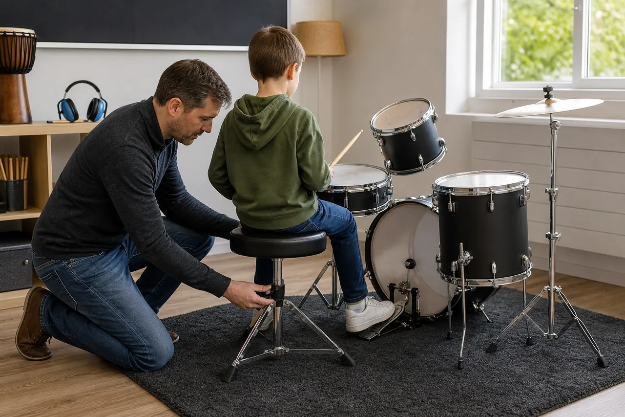 Child viewed from behind testing the seated reach of an unbranded compact drum kit while an adult adjusts the throne