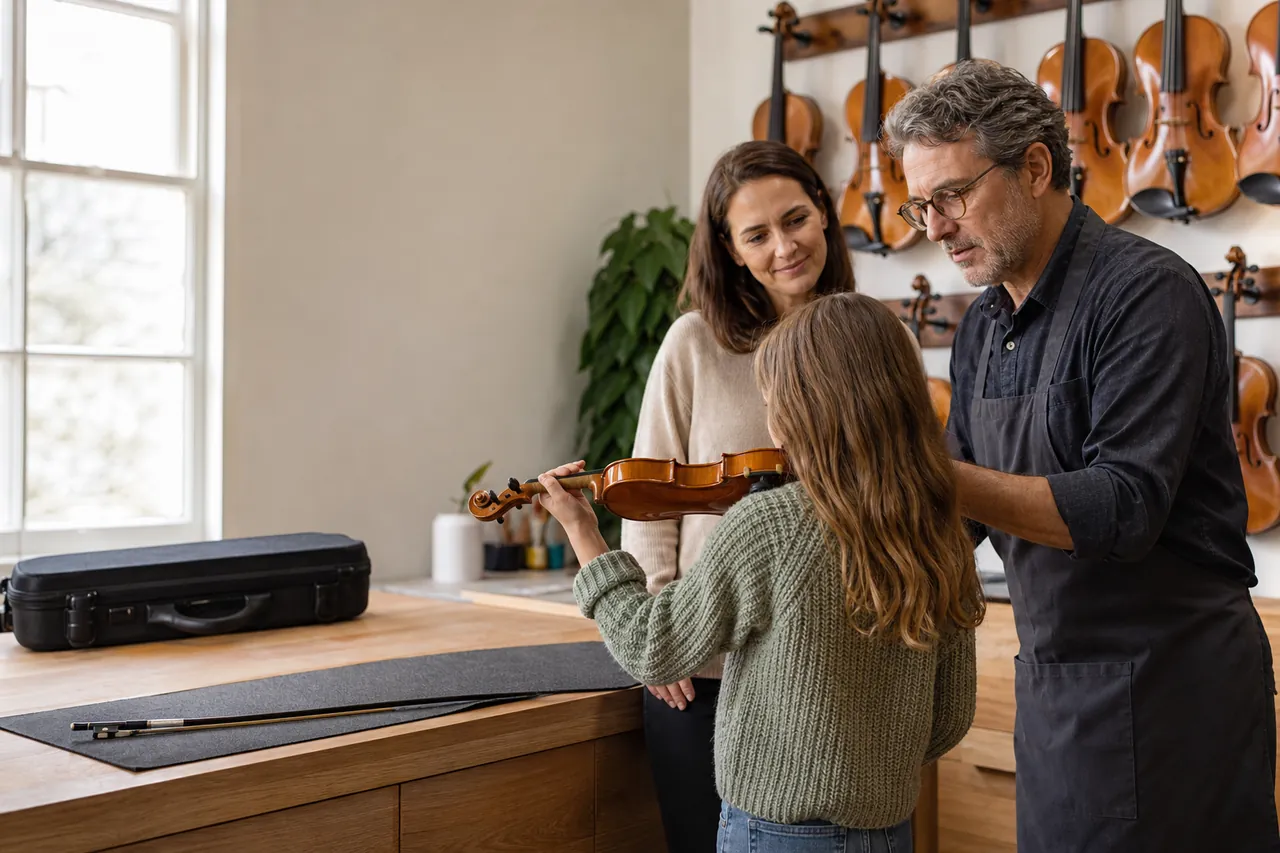Child viewed from behind trying an unbranded fractional violin while a parent and string-shop specialist check fit