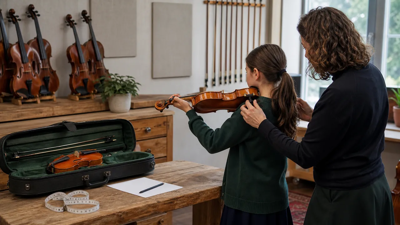 A teacher helping a student check the fit of a generic unbranded violin in a string shop