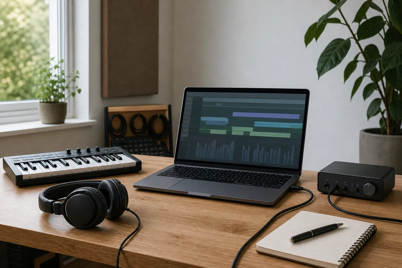 Generic laptop connected to a compact audio interface in a home music workspace