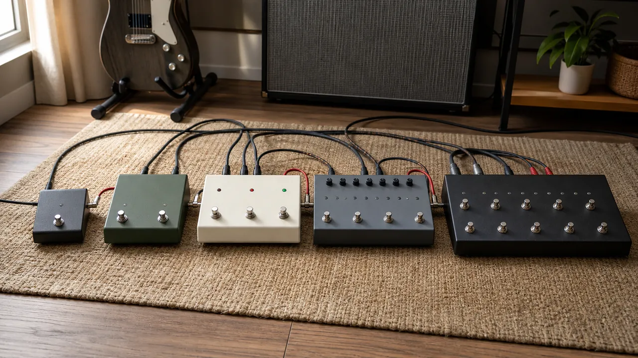 Five generic unbranded loop-control layouts connected by cables in a rehearsal room
