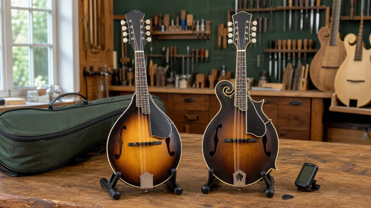Unbranded A-style and F-style mandolins on a workshop bench