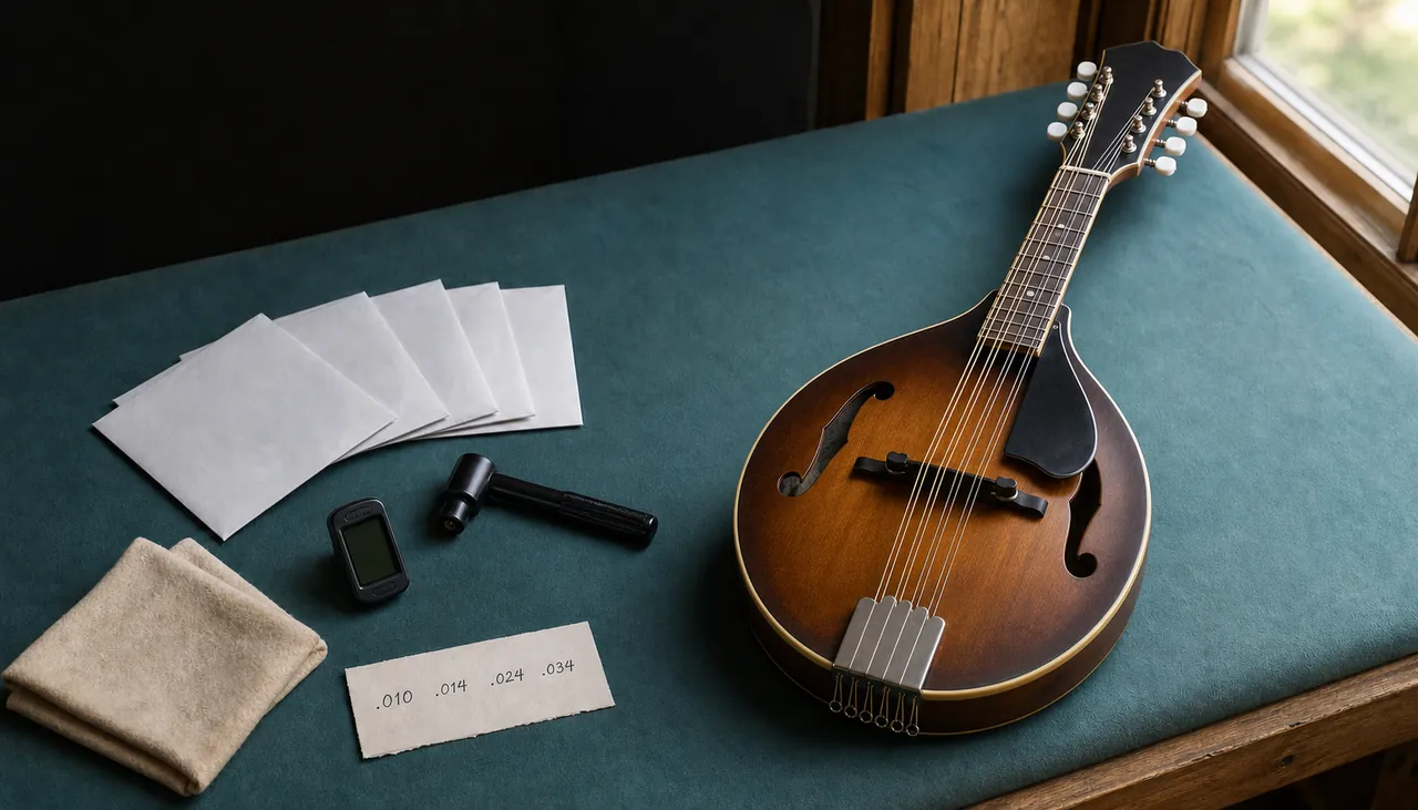 An unbranded eight-string mandolin and string-changing tools on a padded bench