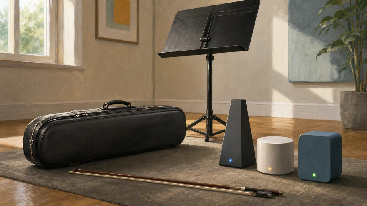 Illustrated violin case, bow, music stand, and three blank geometric timing devices in a practice room