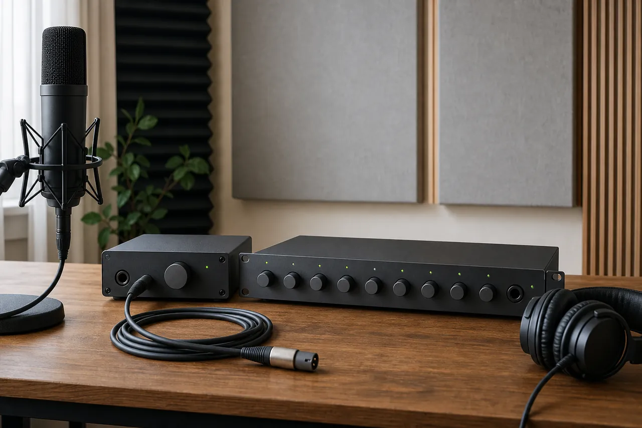 Generic single-channel and eight-channel microphone preamps beside a studio microphone