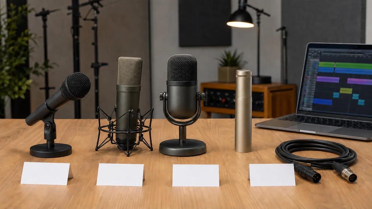 Four unbranded microphones beside blank price cards and an XLR cable in a small studio