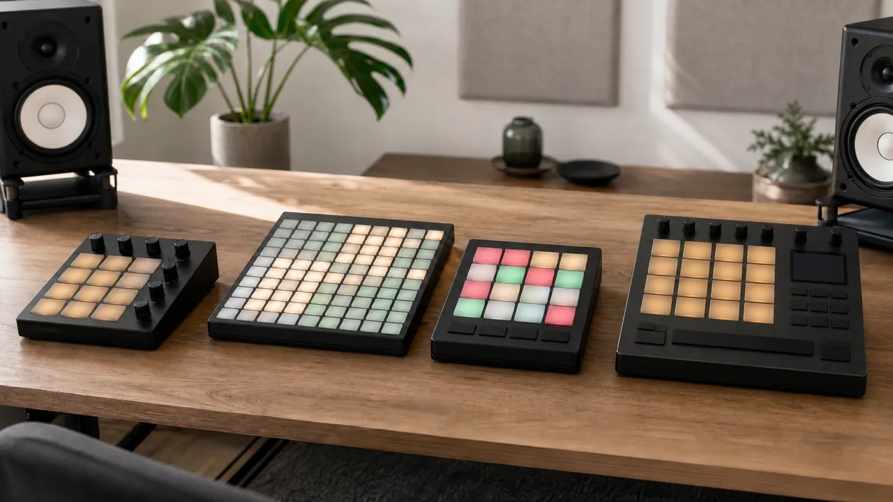 Four generic unbranded MIDI pad controller layouts on a home-studio desk