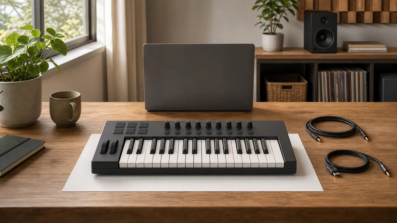 Illustrated generic MIDI controller on a blank desk footprint beside a closed laptop and cables