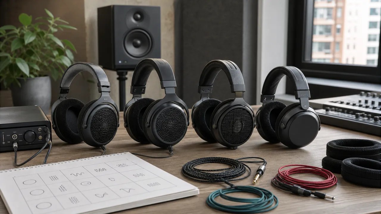 Generic open and closed studio headphones beside an interface, monitor speaker, cables and translation notes