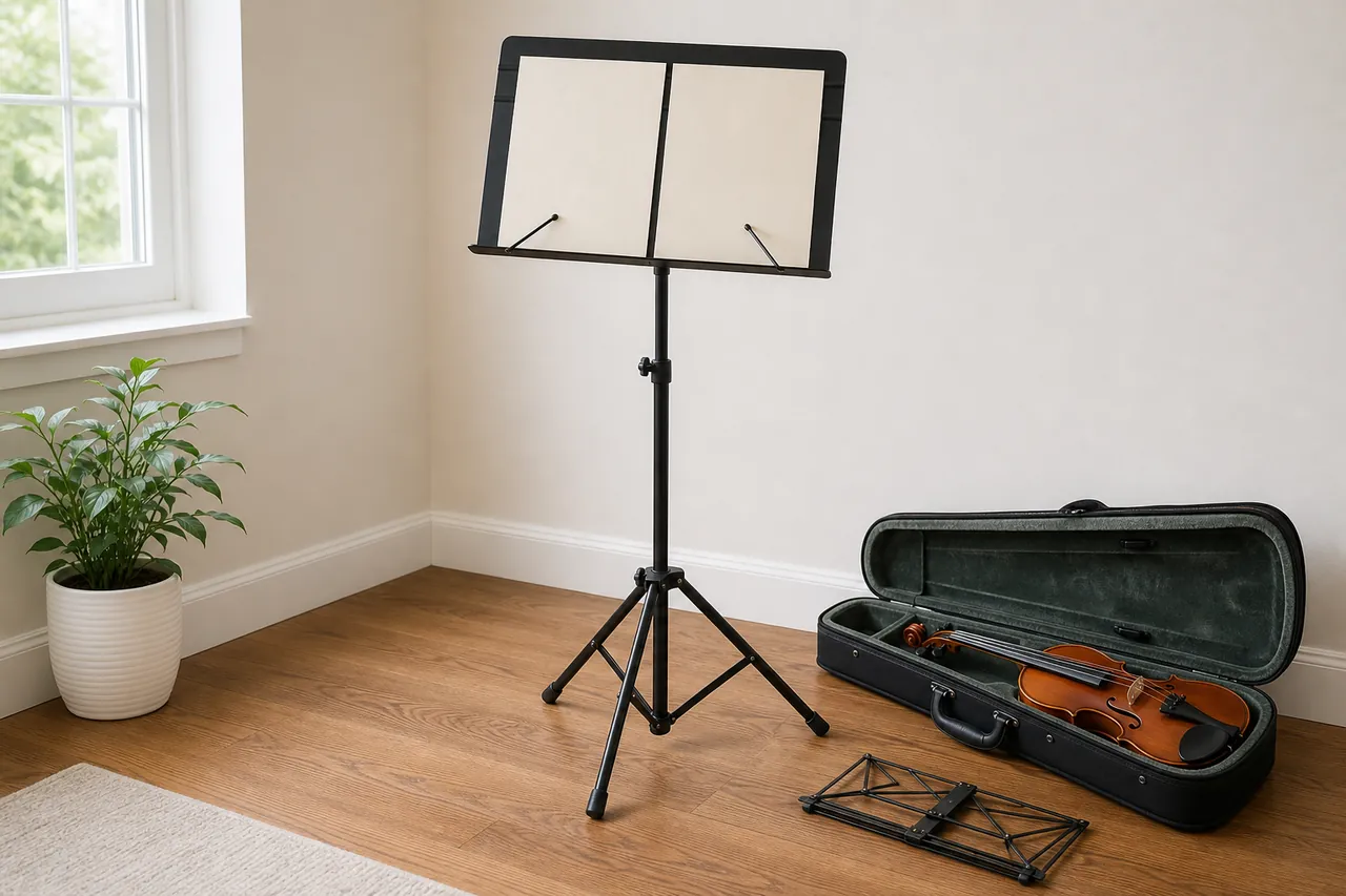 Generic music stand with blank pages beside a violin stored in its open case