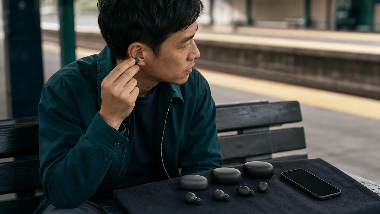 Commuter comparing generic rounded earbuds and charging cases at a station