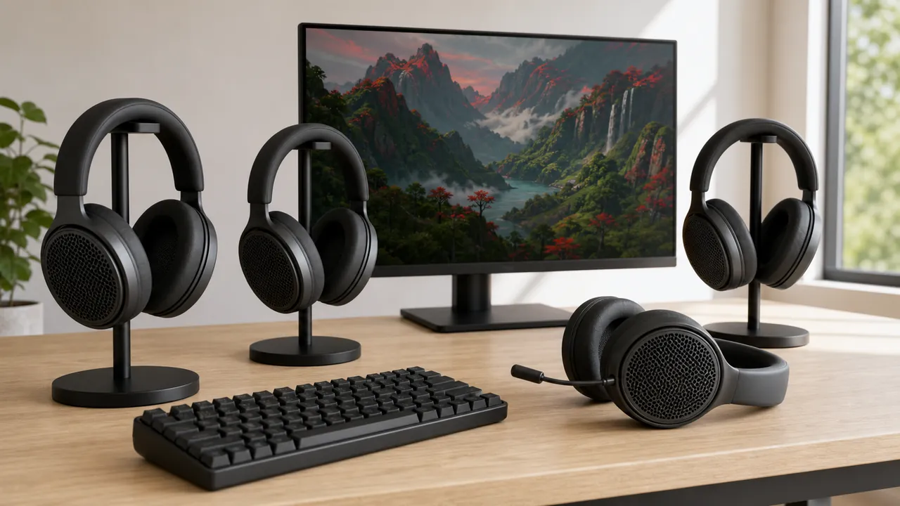Four generic unbranded open-back headphones at a bright gaming desk