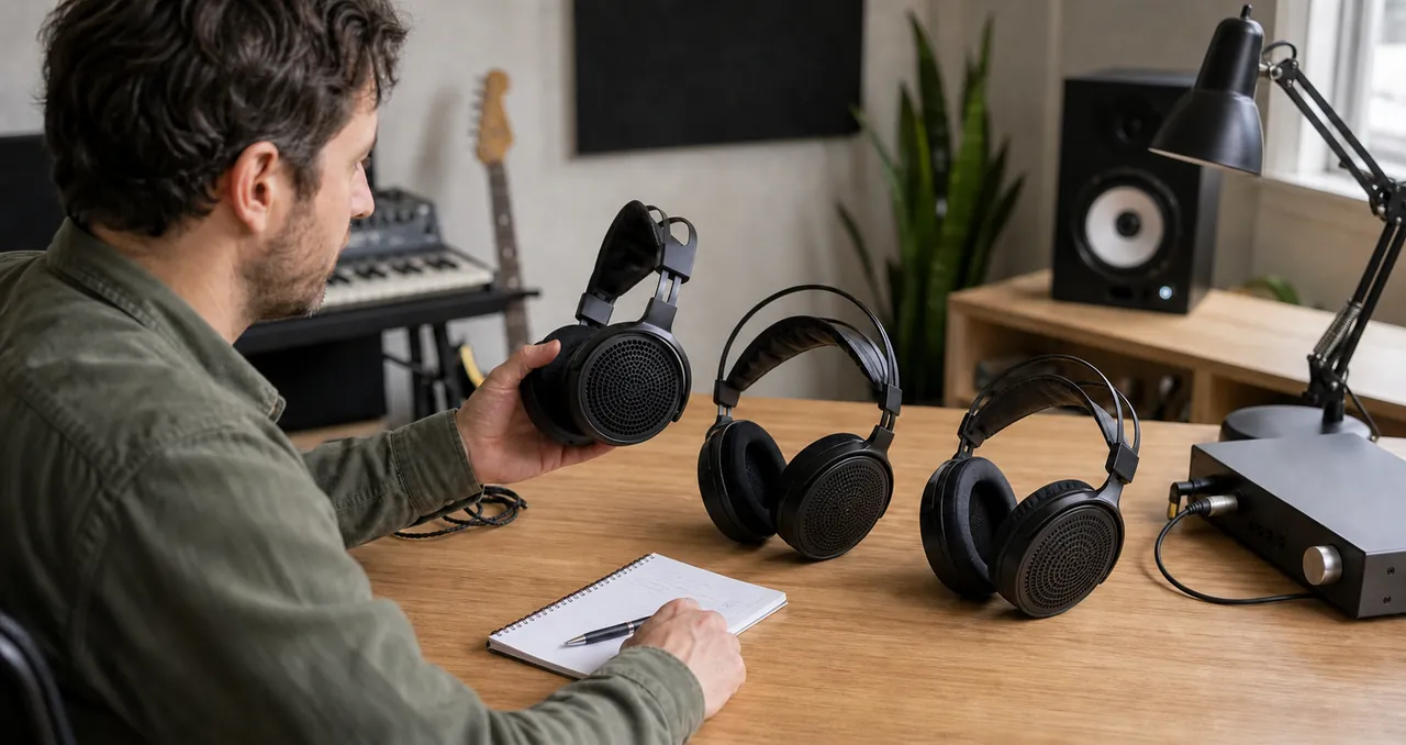 Music producer comparing generic unbranded open-back headphones in a home studio