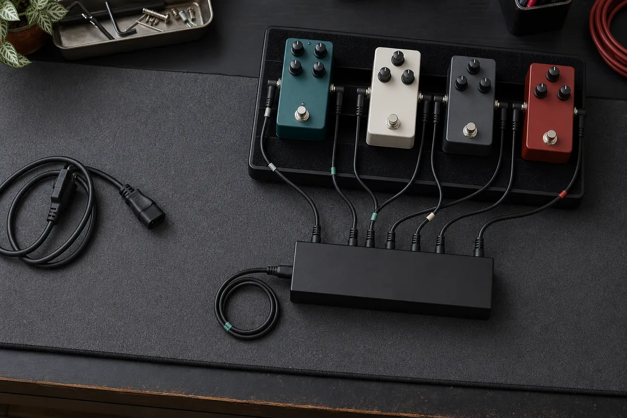Generic unbranded pedalboard power supply and effects pedals with neatly routed cables