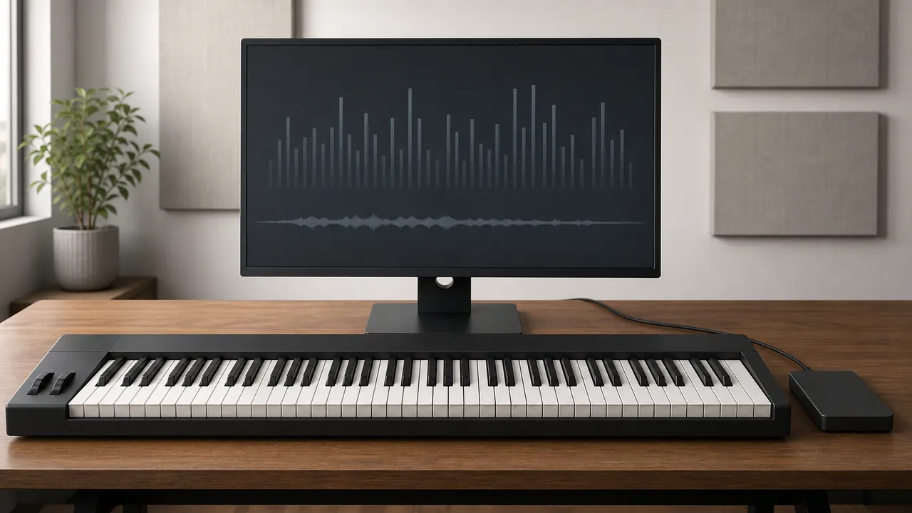Generic piano controller, blank audio display and external drive in a home studio