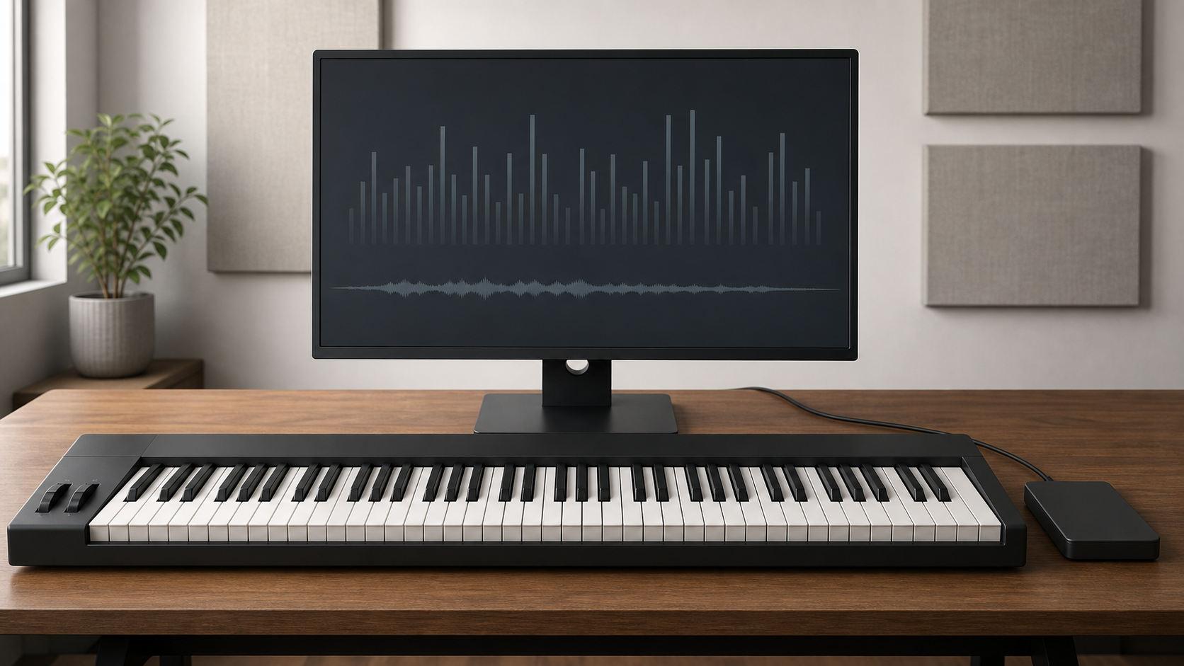 Generic piano controller, blank audio display and external drive in a home studio