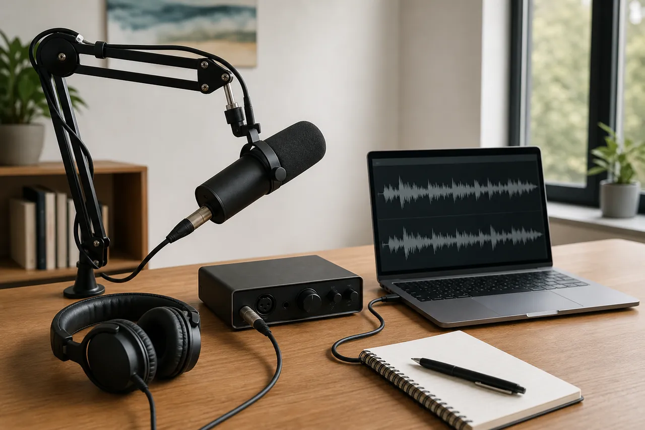 Unbranded podcast desk with a dynamic microphone, headphones, laptop, and audio interface