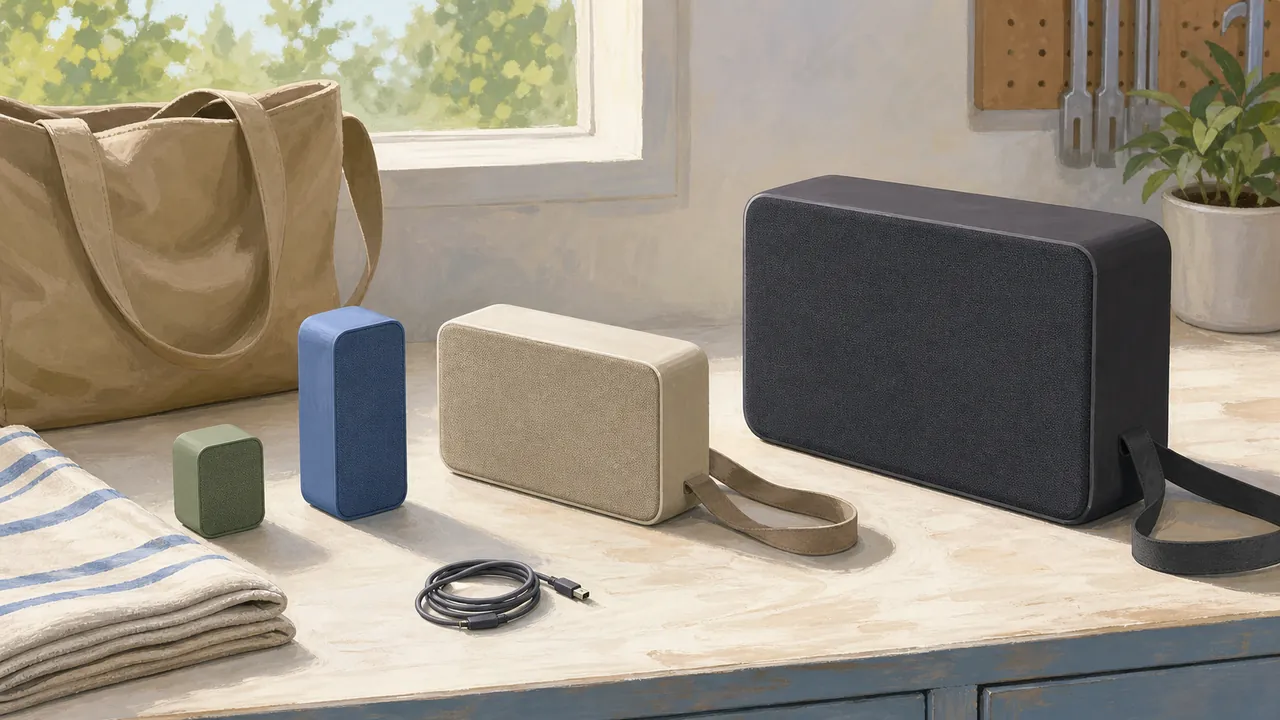 Illustrated generic portable speakers arranged beside a day bag, picnic cloth, and charging cable