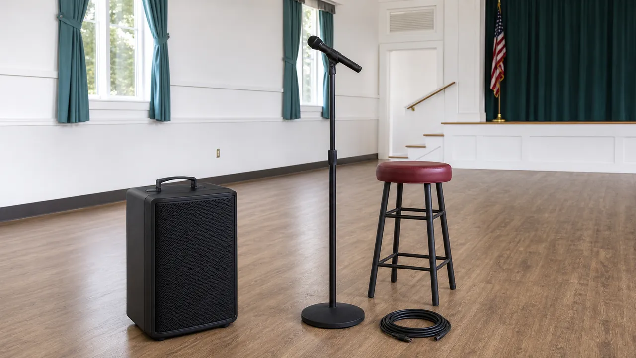Generic unbranded portable speaker with microphone stand stool and coiled cable in a community hall