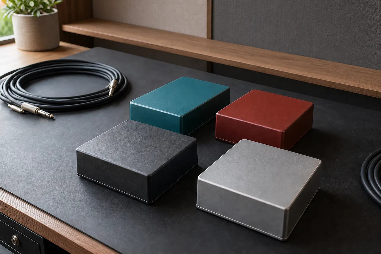 Four blank unbranded metal enclosures beside coiled audio cables on a studio workbench