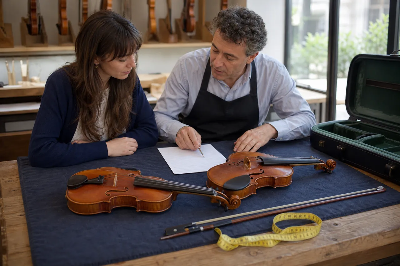 A violin student and teacher comparing two unbranded violins at a padded shop bench