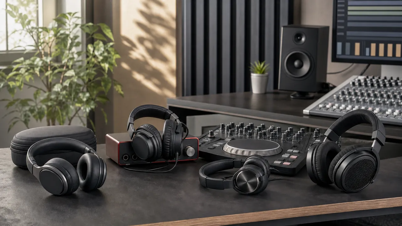 Plain over-ear and on-ear headphones arranged around a studio desk