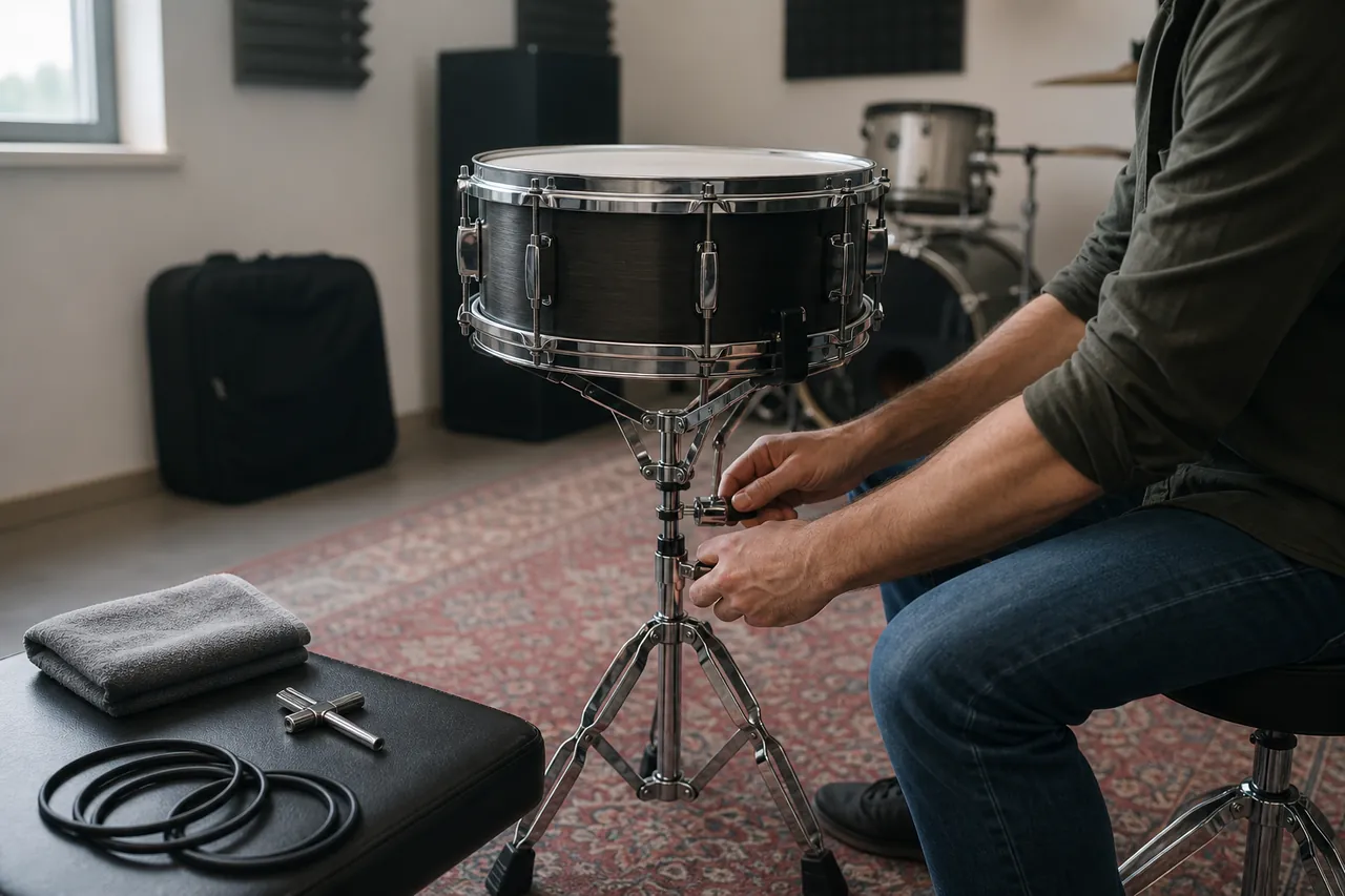 A drummer adjusts the stand beneath a generic snare in a rehearsal room.