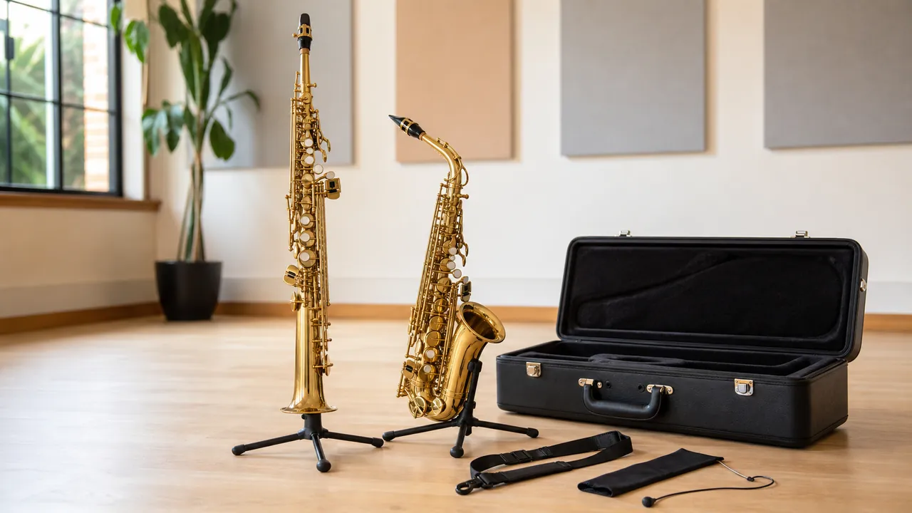 Generic straight and curved unbranded soprano saxophones beside a tuner and case