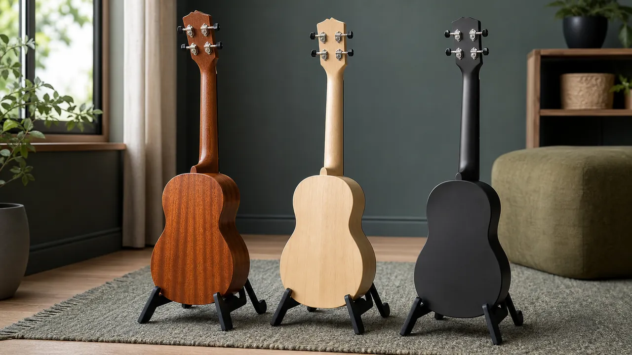 Rear view of three unbranded soprano ukuleles on stands