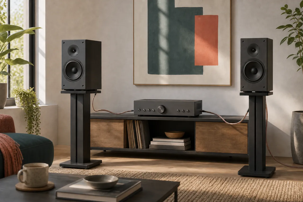 Unbranded passive bookshelf speakers arranged in a listening room