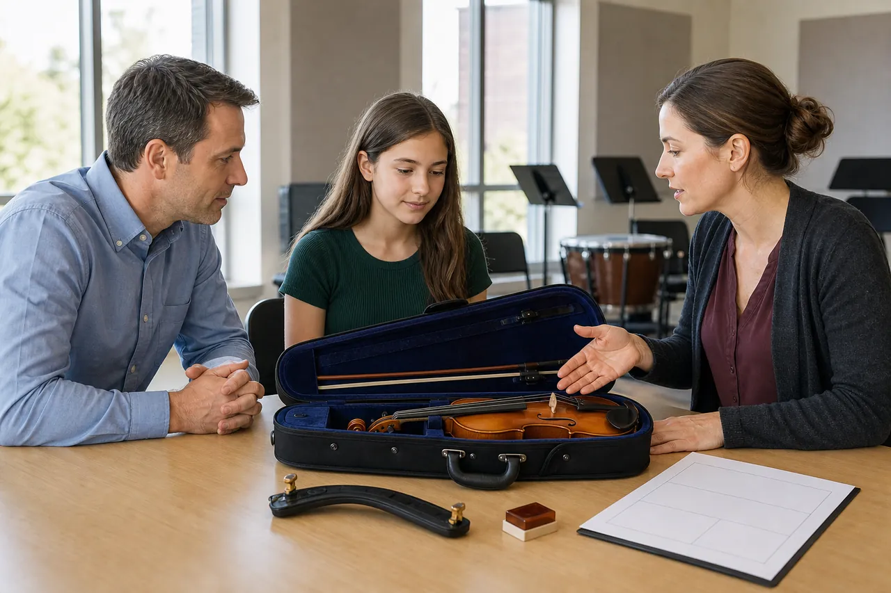 A parent, student and teacher checking an unbranded violin outfit in a rehearsal room