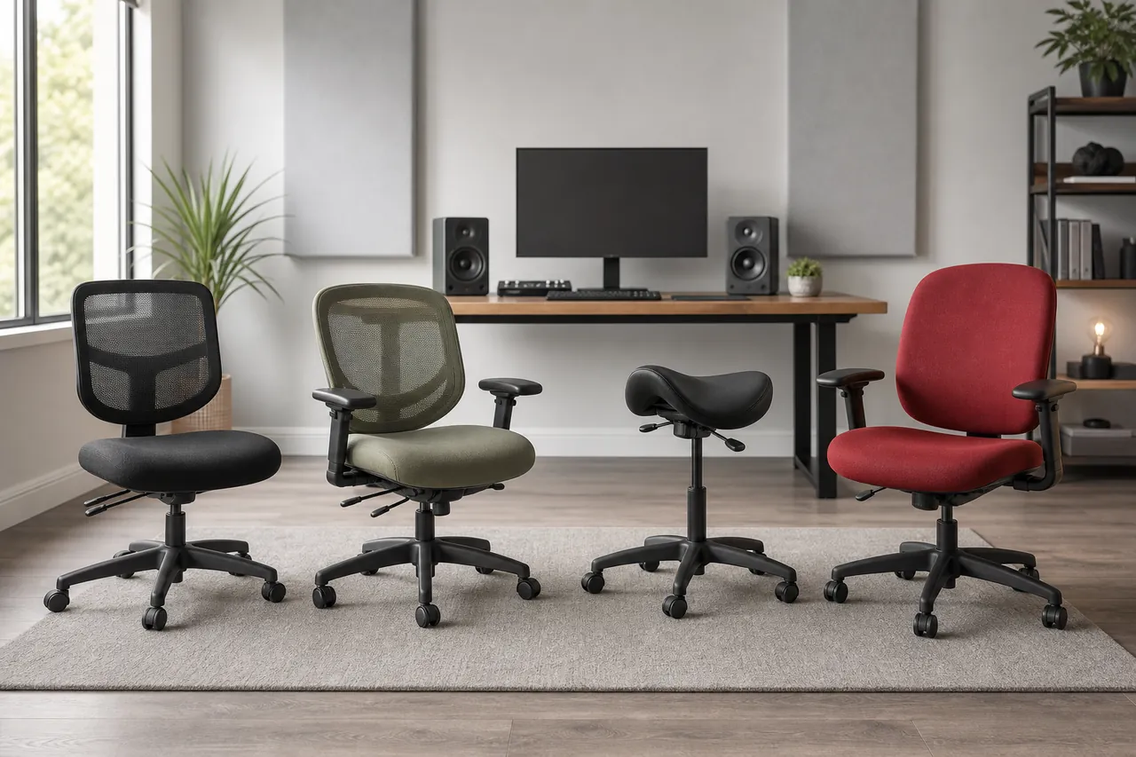 Generic task chairs arranged around an unbranded recording desk with keyboard and speakers