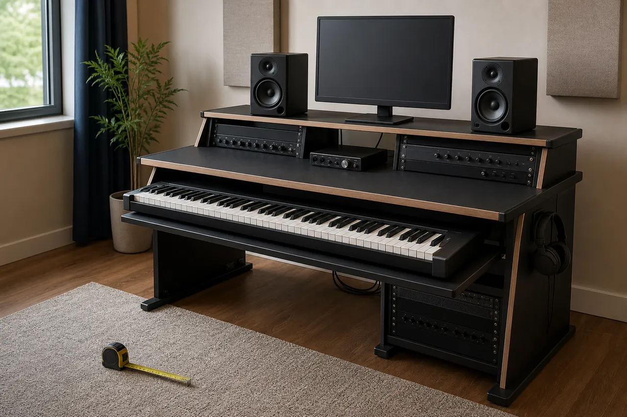 Generic studio workstation with an unbranded keyboard, speakers, blank screen, rack gear and a floor tape measure