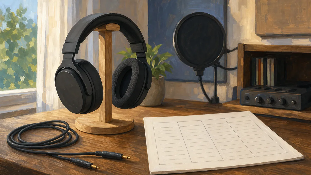 Illustrated generic studio headphones beside a cable, microphone pop filter, and checklist