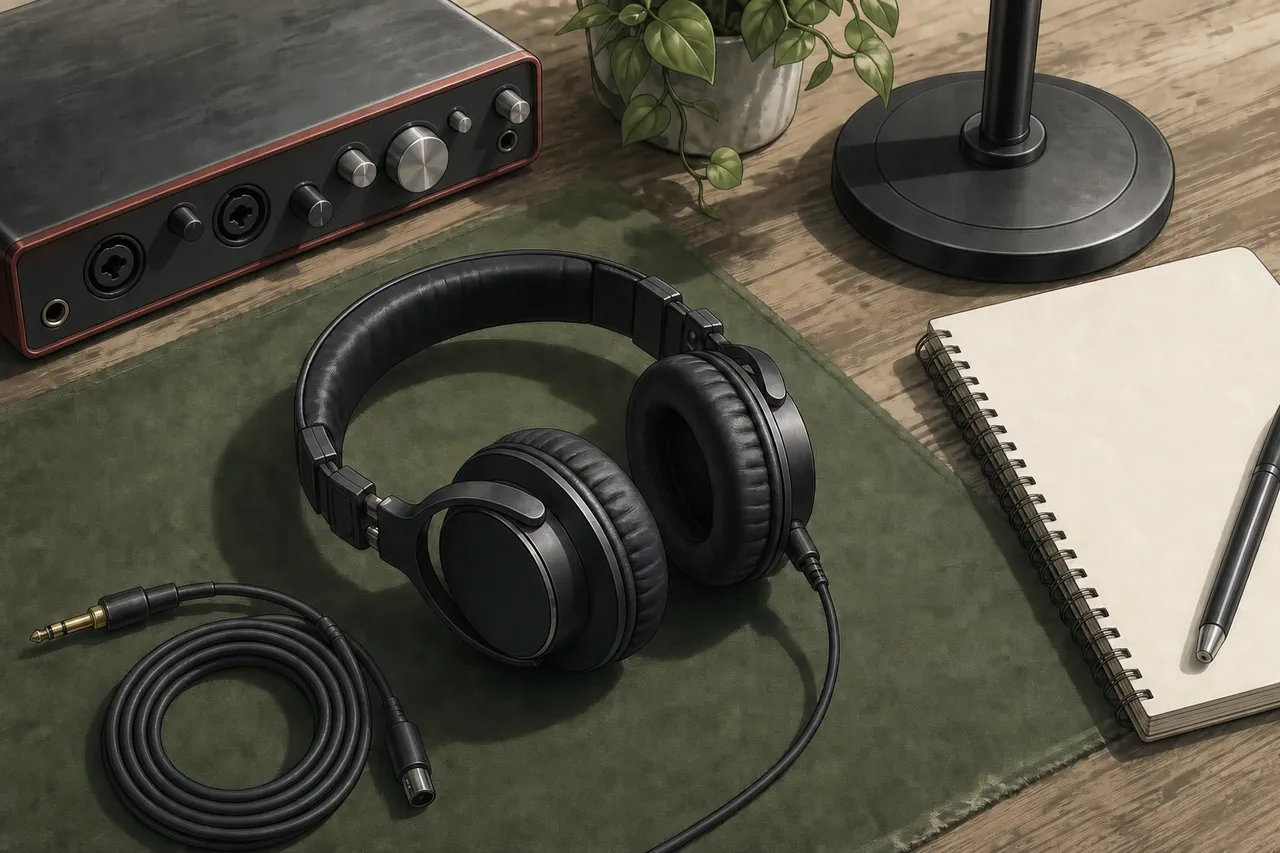 Generic wired over-ear headphones beside an audio interface and blank notebook