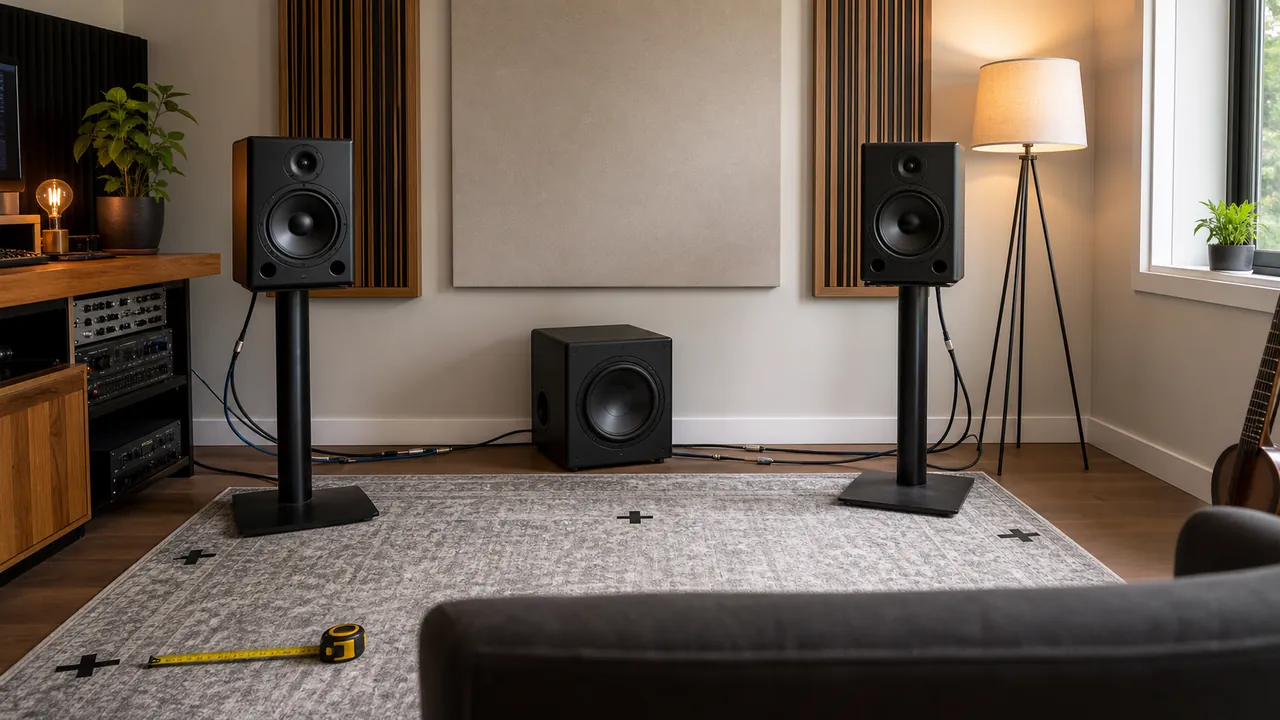 Illustrative unbranded studio with two monitors, a subwoofer, cables, position marks and a measuring tape