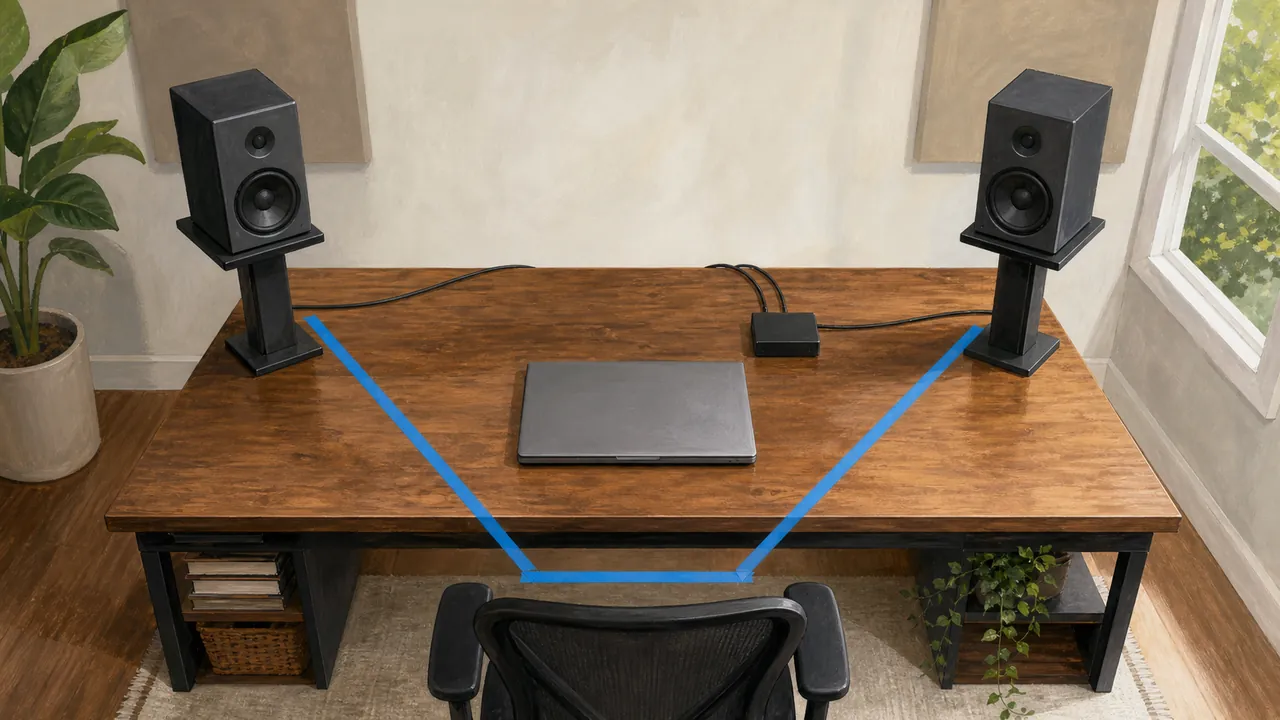 Illustrated home recording desk with two generic monitors and a taped listening triangle
