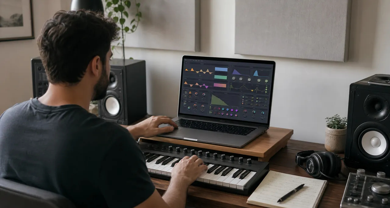 Music producer comparing a generic software synthesizer interface with a MIDI keyboard