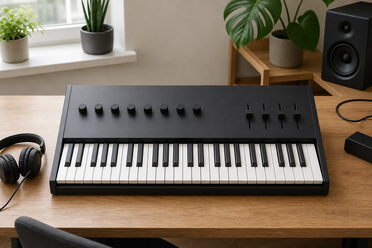 Generic blank-control synthesizer keyboard with headphones in a home studio