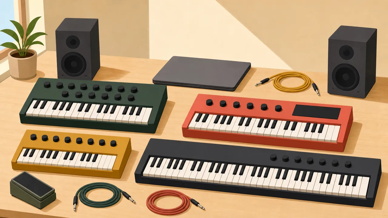 Four generic blank-panel synthesizer keyboards with speakers, cables, a pedal and a closed laptop