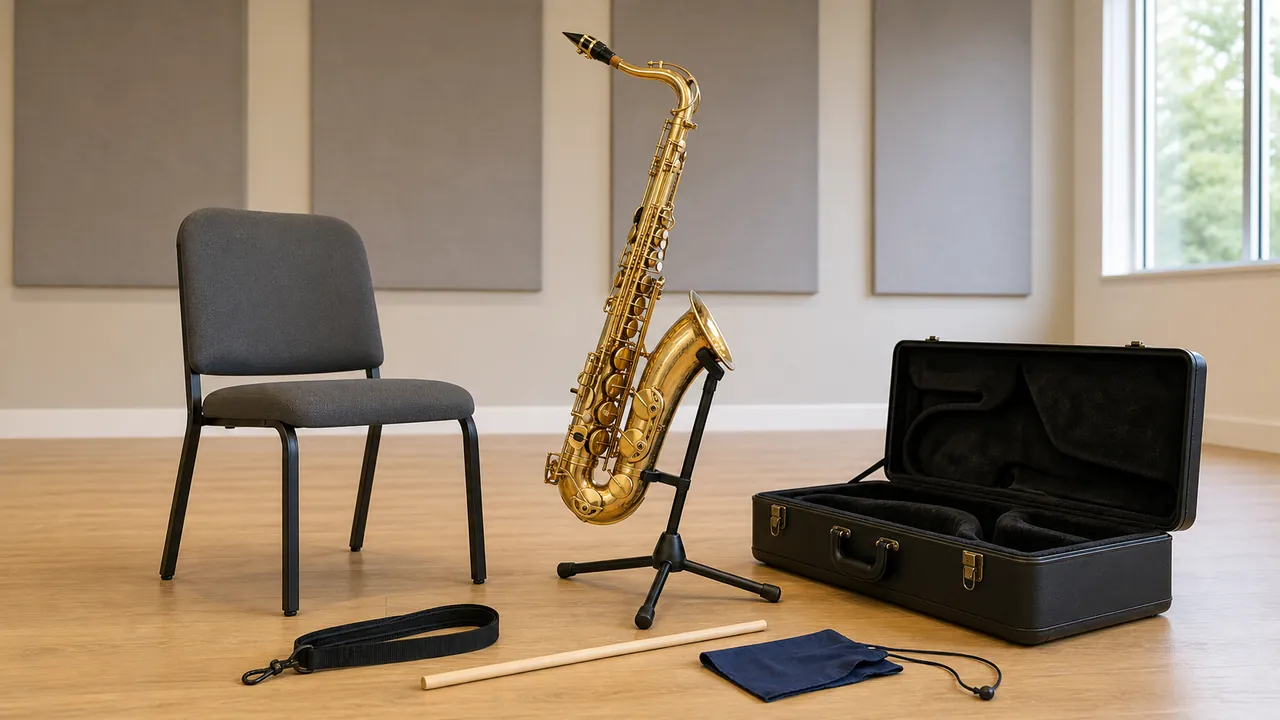 Generic unbranded tenor saxophone beside a chair, open case and blank clearance stick