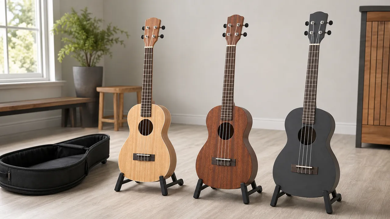 Three generic tenor ukuleles in light wood, dark wood and charcoal finishes on stands beside an open plain case