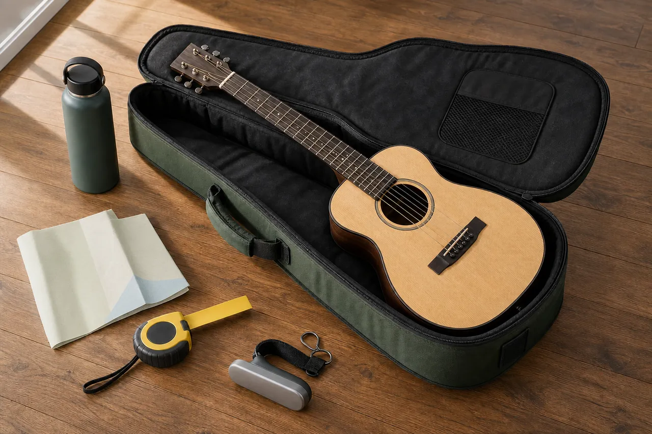 Generic compact acoustic guitar in an unbranded travel bag beside a tape measure