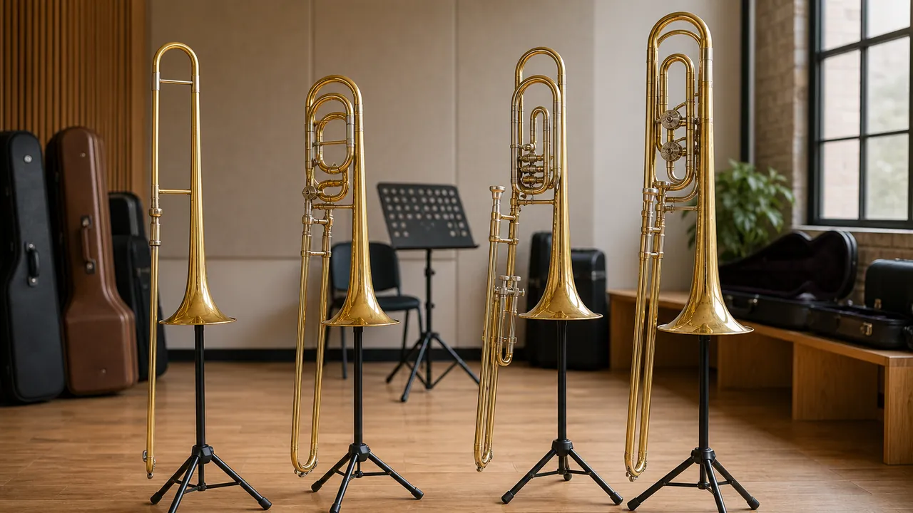 Four generic unbranded tenor and bass trombones on stands in a rehearsal room